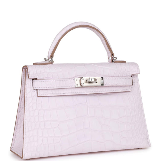 Hermes Kelly Sellier Mauve Pale Boreal Alligator Palladium Hardware Satin Shoulder Bag