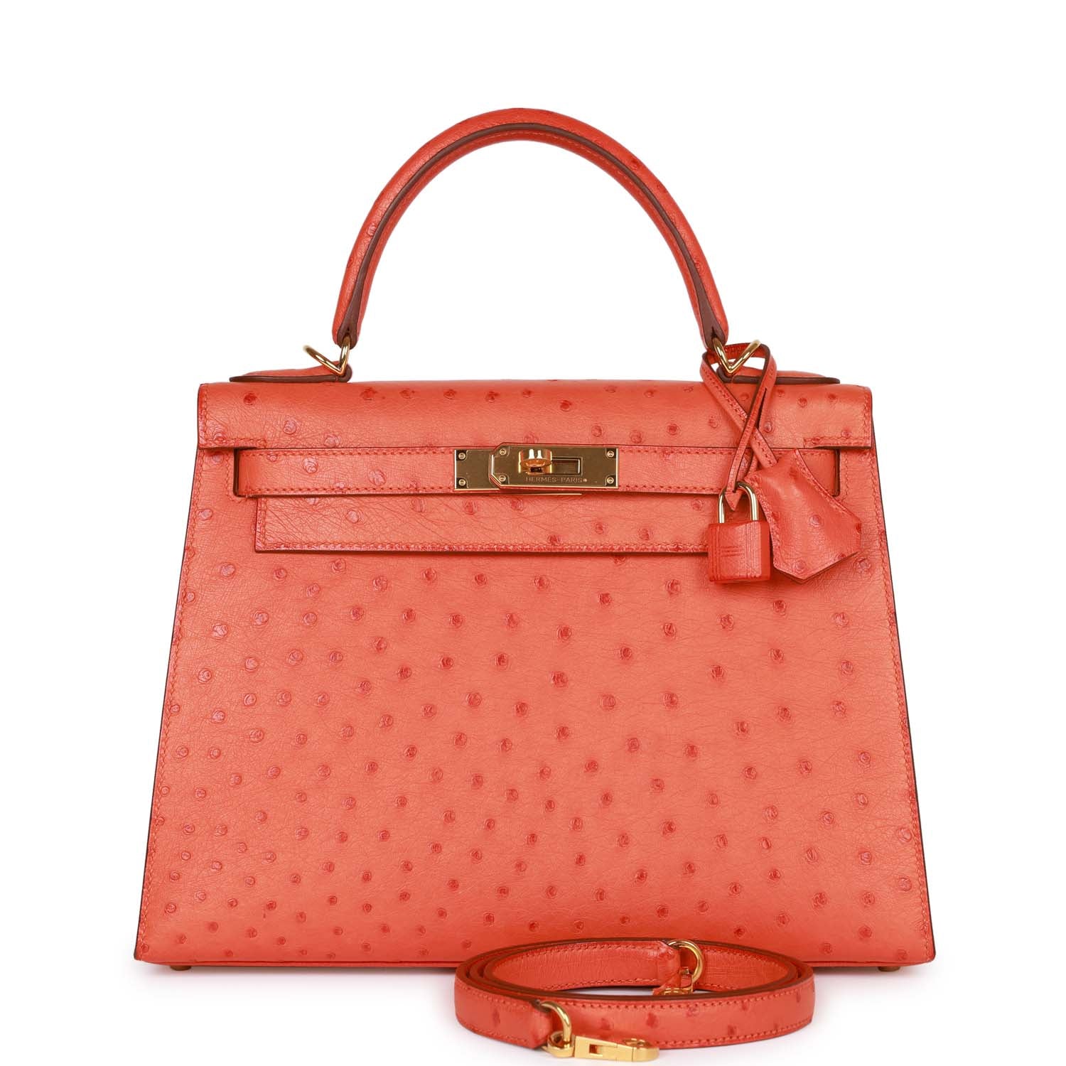 Hermes Kelly Sellier Tangerine Ostrich Hardware Handbag Gold Travel Bag