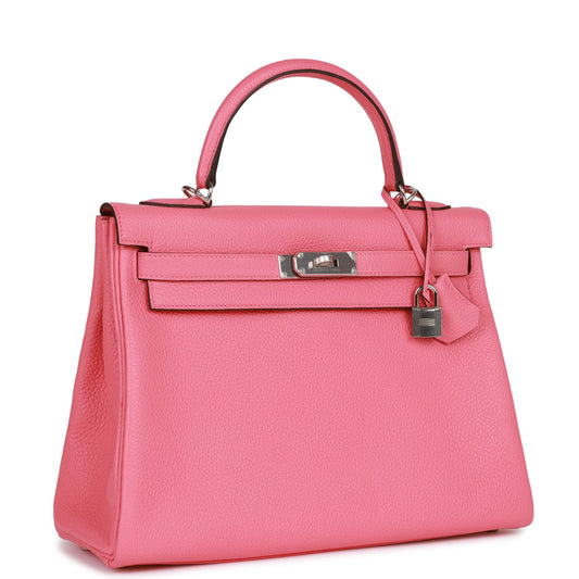 Hermes Kelly Retourne Rose Azalee Clemence Palladium Hardware Handbag Travel Bag