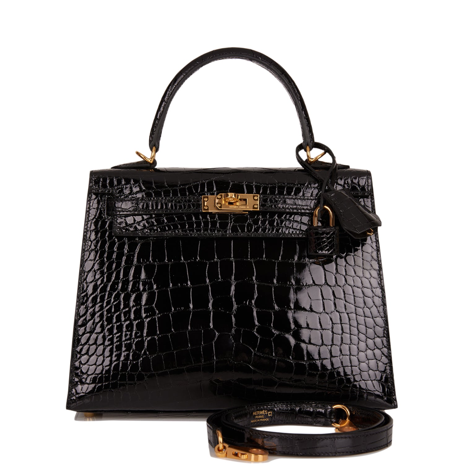 Hermes Kelly Sellier Shiny Alligator Hardware Handbag Black Gold Travel Bag Gold Hardware