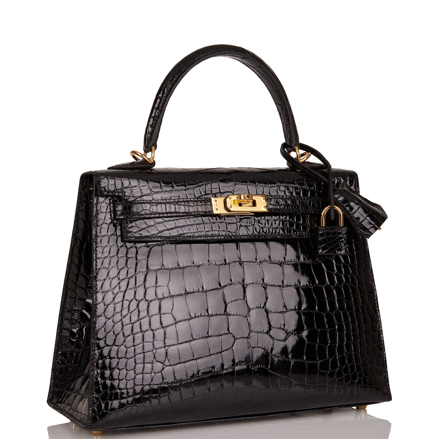 Hermes Kelly Sellier Shiny Alligator Hardware Handbag Black Gold Travel Bag Gold Hardware