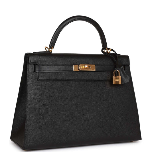 Hermes Kelly Sellier Epsom Hardware Handbag Black Gold Travel Bag