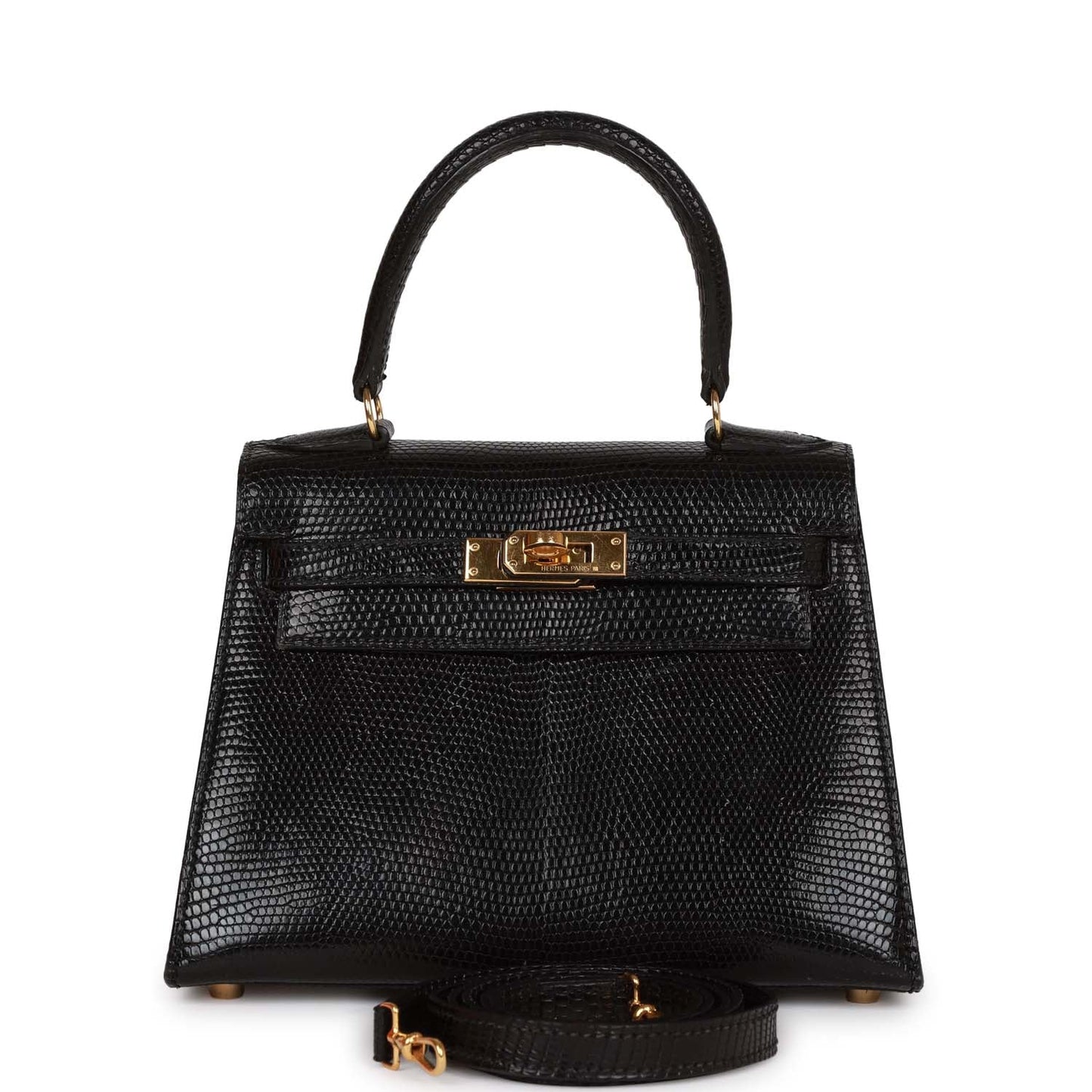 Hermes Kelly Sellier Lizard Hardware Handbag Black Gold Travel Bag