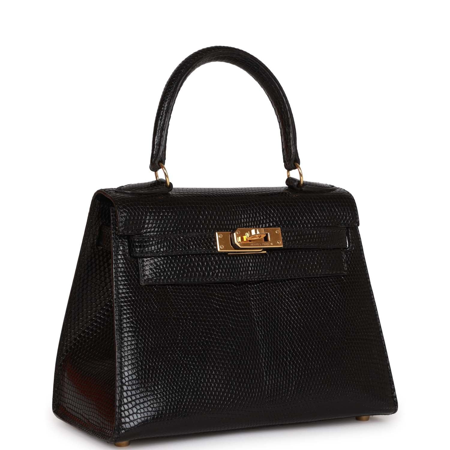 Hermes Kelly Sellier Lizard Hardware Handbag Black Gold Travel Bag