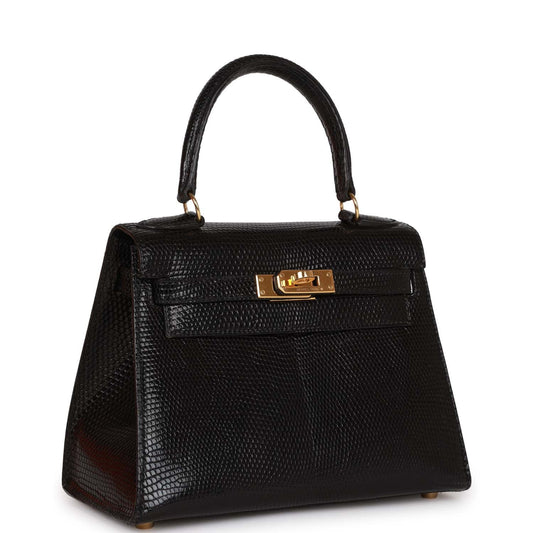Hermes Kelly Sellier Lizard Hardware Handbag Black Gold Travel Bag