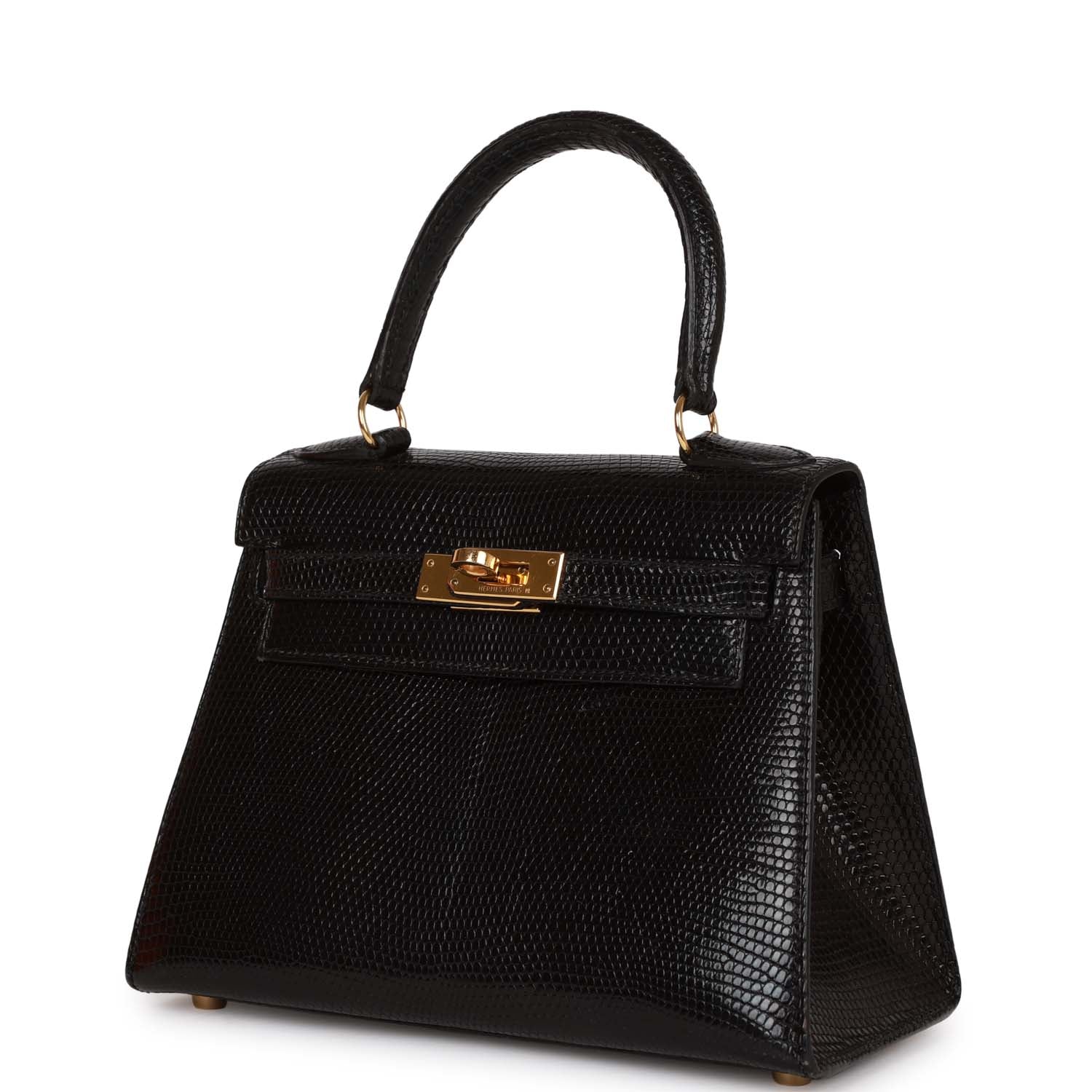 Hermes Kelly Sellier Lizard Hardware Handbag Black Gold Travel Bag