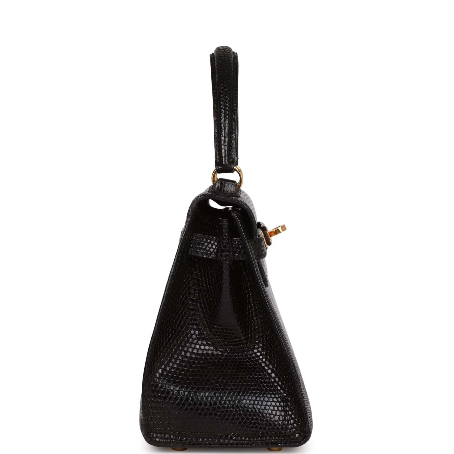 Hermes Luxury Kelly Sellier Lizard Hardware Handbag Black Gold Travel Bag
