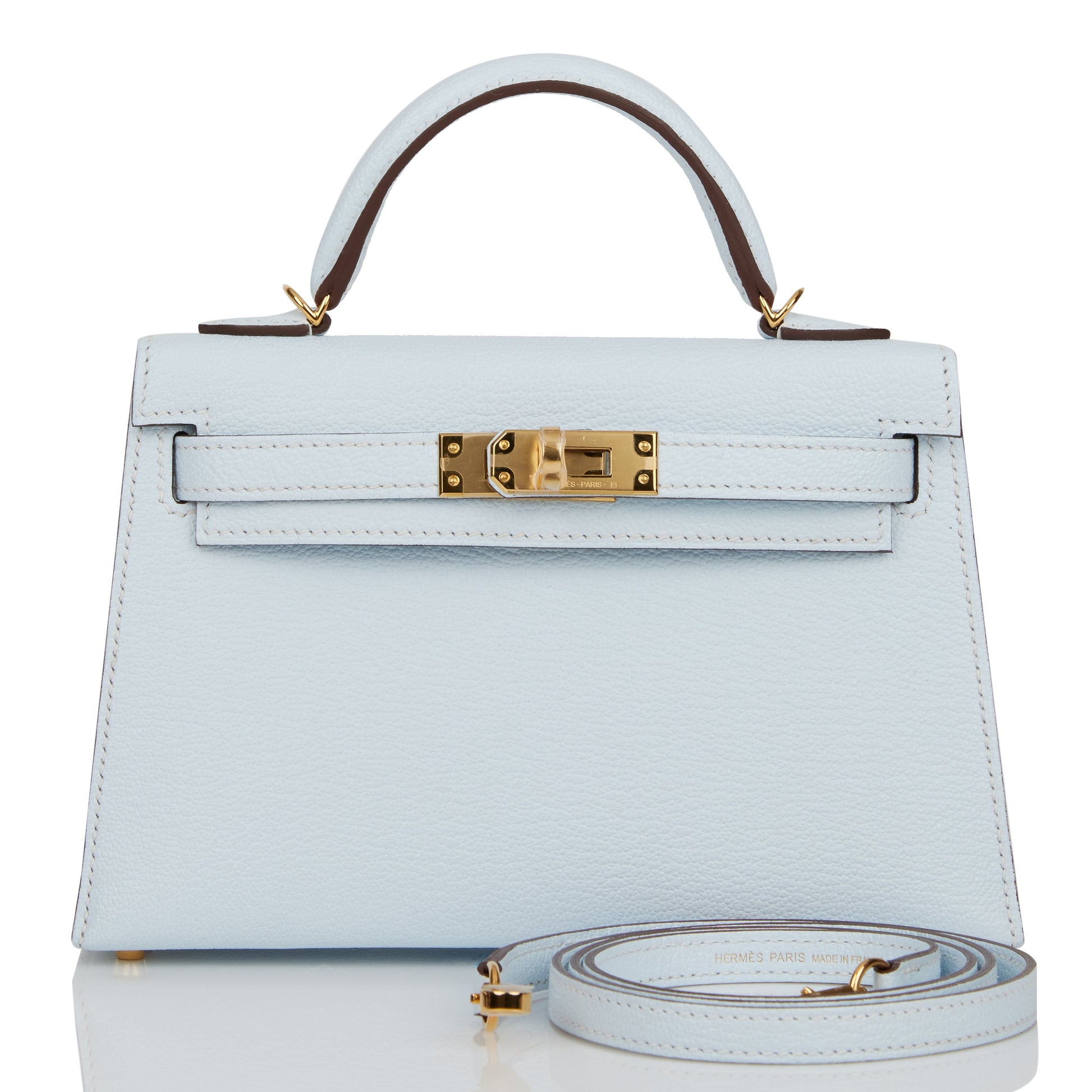 Hermes Kelly Sellier Bleu Brume Chevre Hardware Handbag Gold Travel Bag Hardware 2