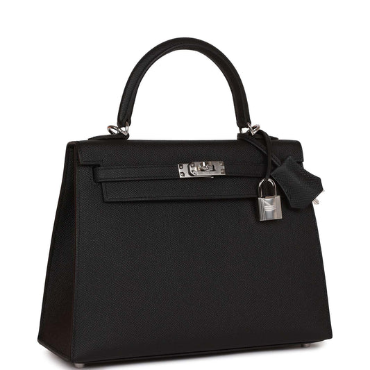 Hermes Kelly Sellier Epsom Palladium Hardware Handbag Black Travel Bag Palladium Hardware
