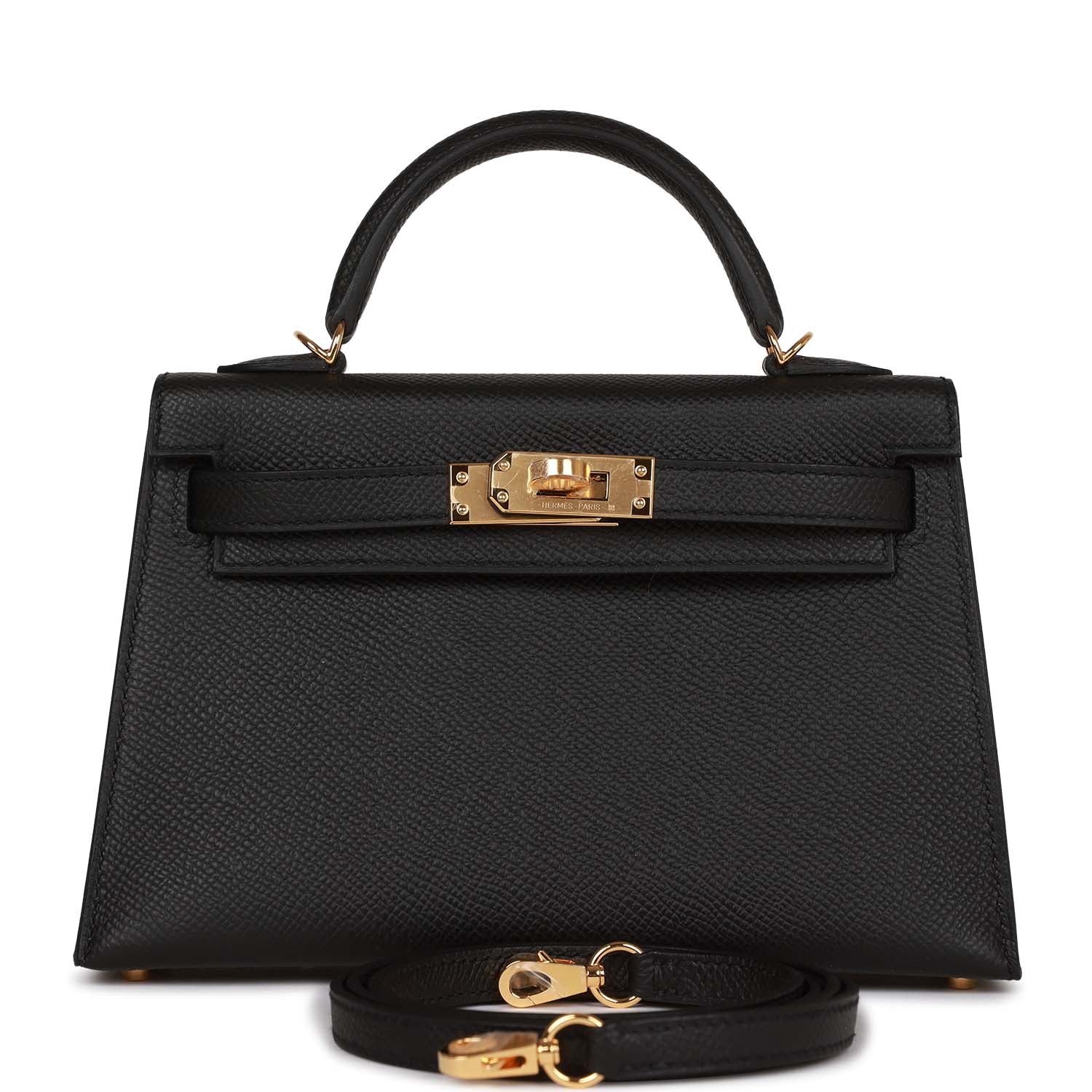 Hermes Kelly Sellier Epsom Hardware Handbag Black Gold Travel Bag 23