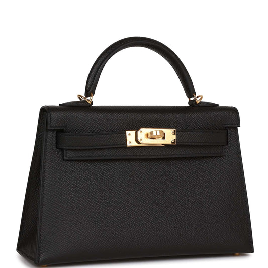 Hermes Kelly Sellier Epsom Hardware Handbag Black Gold Travel Bag 23