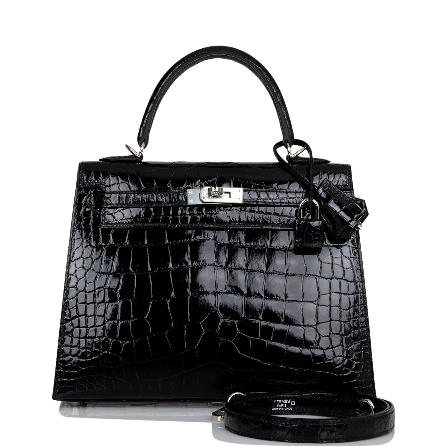 Hermes Kelly Sellier Shiny Alligator Palladium Hardware Handbag Black Travel Bag