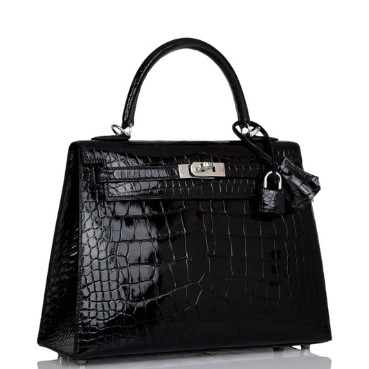 Hermes Kelly Sellier Shiny Alligator Palladium Hardware Handbag Black Travel Bag