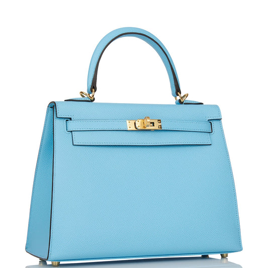 Hermes Kelly Sellier Celeste Epsom Hardware Handbag Gold Travel Bag