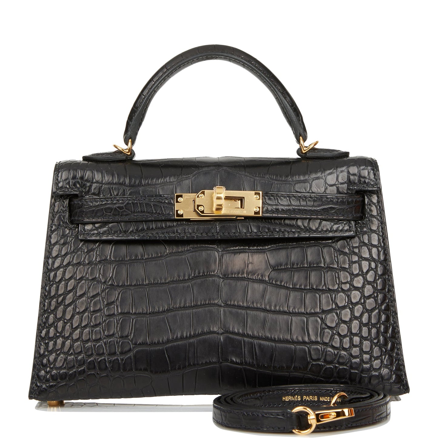 Hermes Kelly Sellier Matte Alligator Hardware Handbag Black Gold Travel Bag Gold Hardware