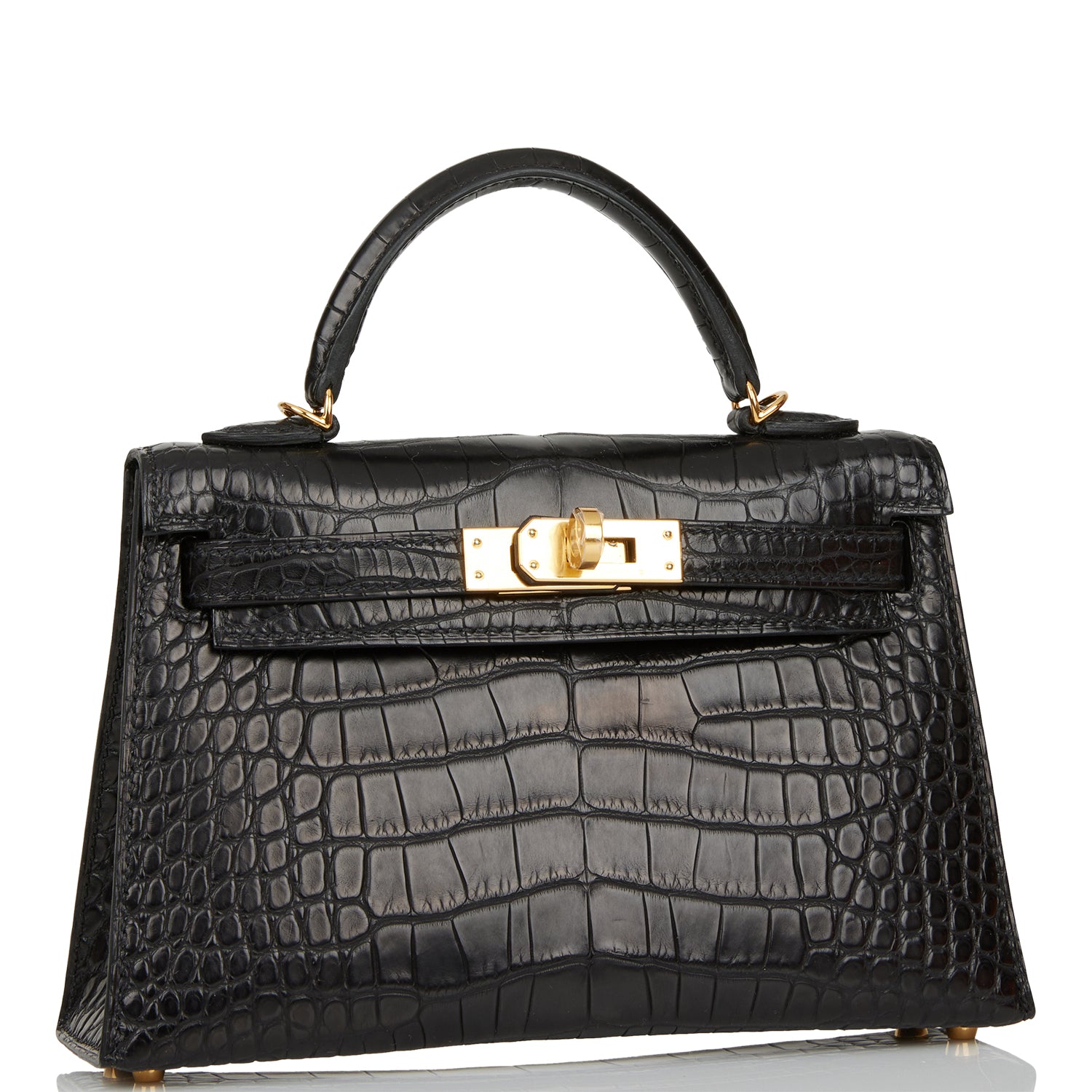 Hermes Kelly Sellier Matte Alligator Hardware Handbag Black Gold Travel Bag Gold Hardware