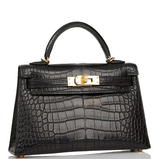 Hermes Kelly Sellier Matte Alligator Hardware Handbag Black Gold Travel Bag Gold Hardware