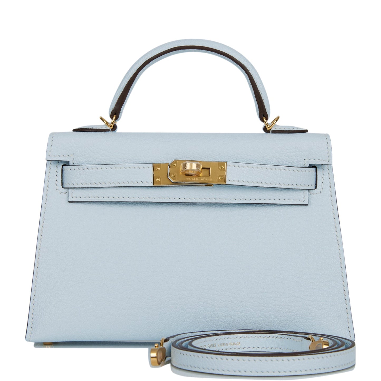 Hermes Kelly Sellier Bleu Brume Chevre Hardware Handbag Gold Travel Bag