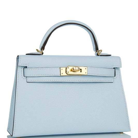 Hermes Kelly Sellier Bleu Brume Chevre Hardware Handbag Gold Travel Bag