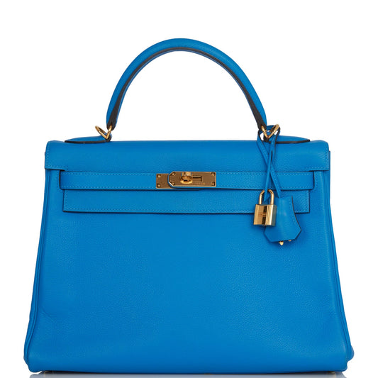 Hermes Kelly Retourne Bleu Hydra Evercolor Hardware Handbag Gold Travel Bag