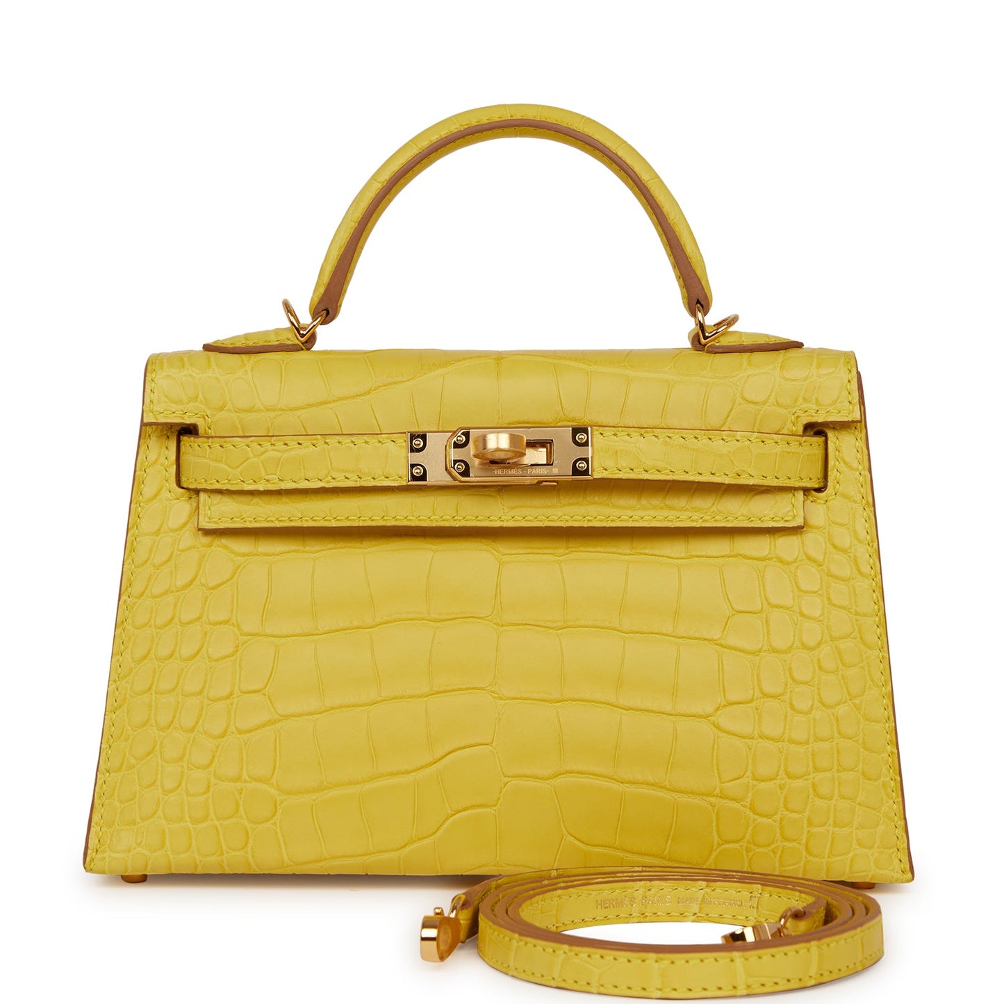 Hermes Kelly Sellier Mimosa Matte Alligator Hardware Handbag Gold Travel Bag