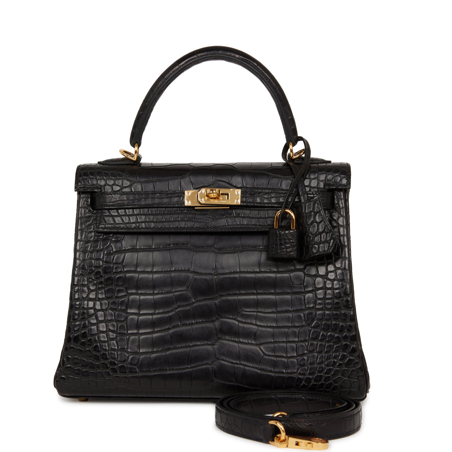 Hermes Kelly Retourne Matte Alligator Hardware Handbag Black Gold Travel Bag