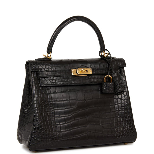 Hermes Kelly Retourne Matte Alligator Hardware Handbag Black Gold Travel Bag