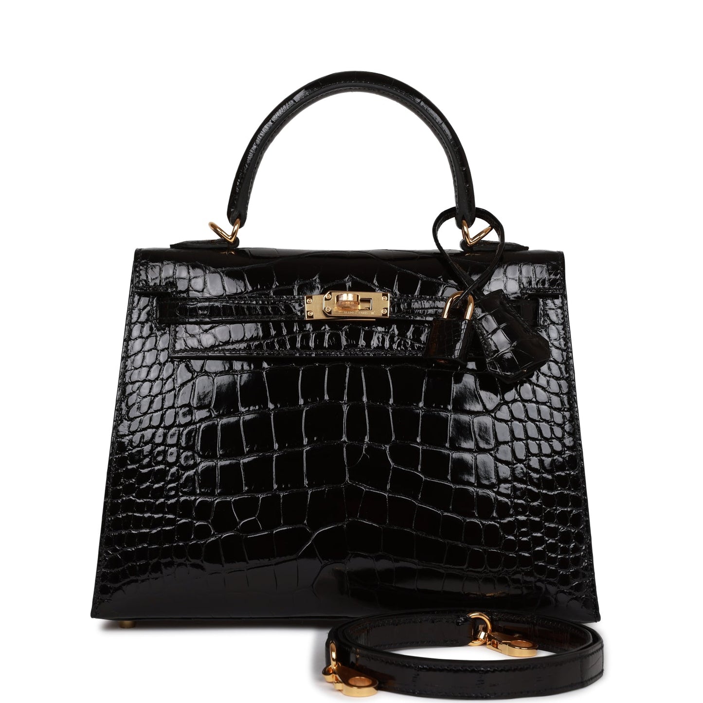 Hermes Kelly Sellier Shiny Alligator Hardware Handbag Black Gold Travel Bag Hardware 1