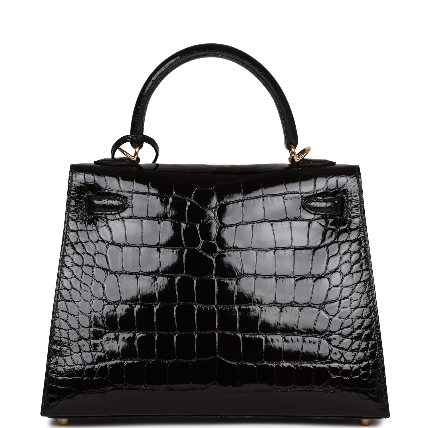 Hermes Kelly Sellier Shiny Alligator Hardware Handbag Black Gold Travel Bag Hardware 1