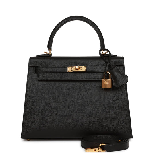 Hermes Kelly Sellier Epsom Hardware Handbag Black Gold Travel Bag 17