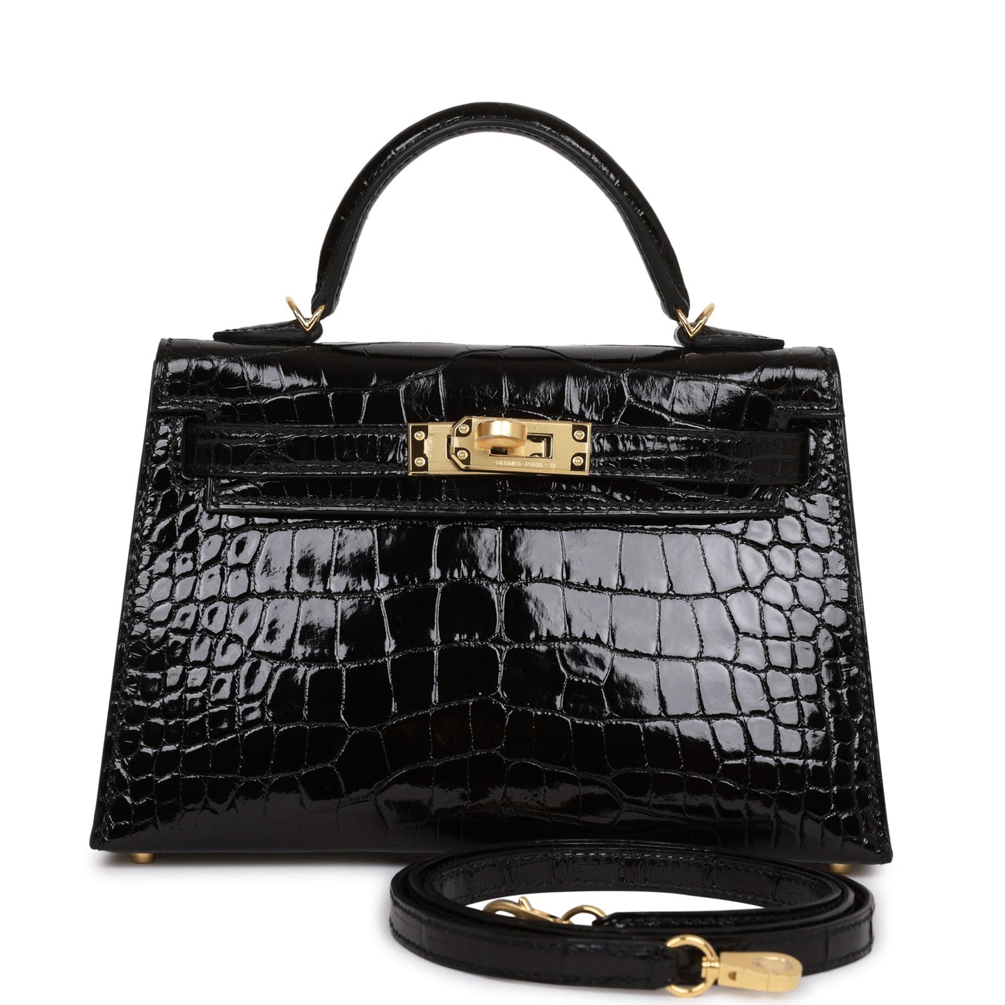 Hermes Kelly Sellier Shiny Alligator Hardware Handbag Black Gold Travel Bag 4