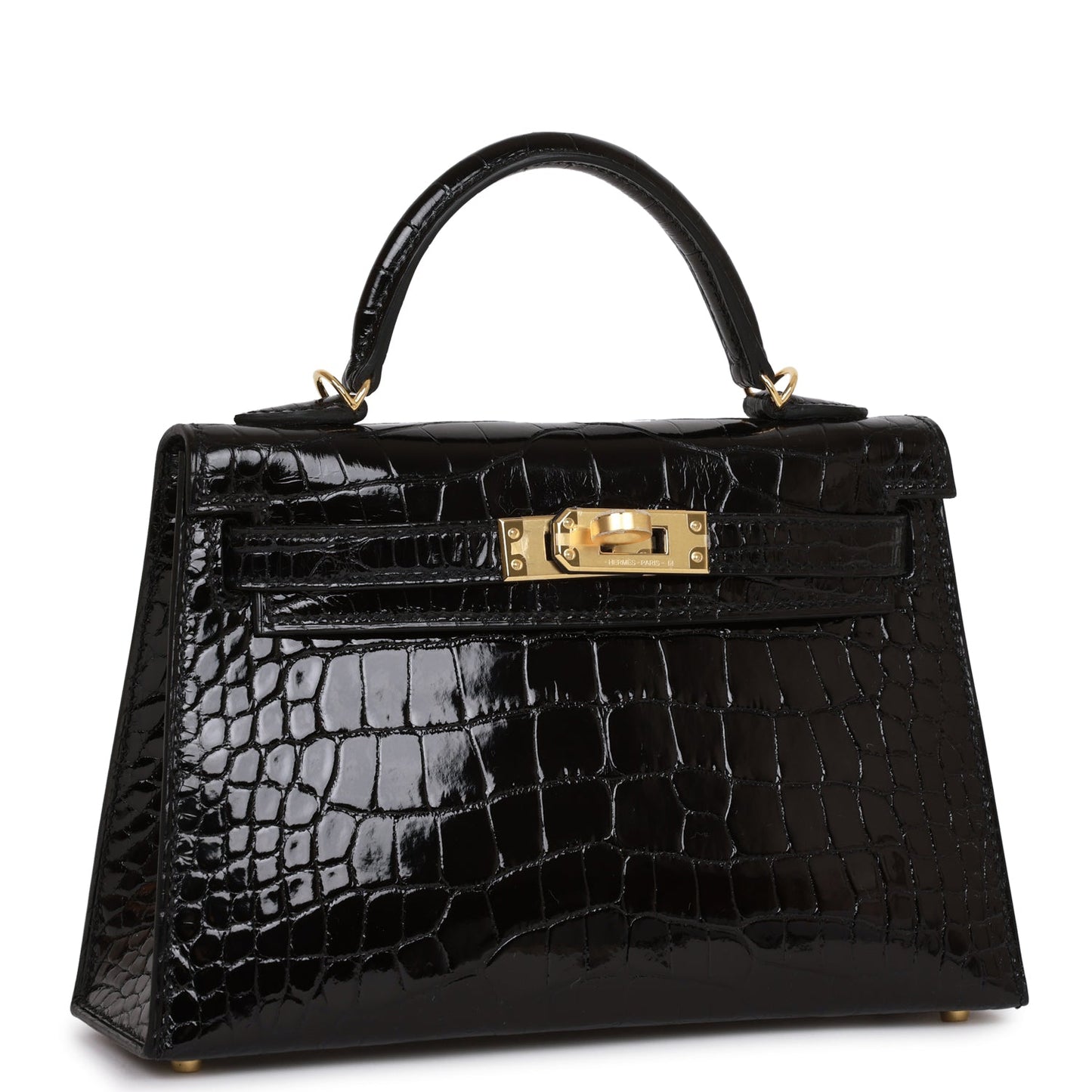 Hermes Kelly Sellier Shiny Alligator Hardware Handbag Black Gold Travel Bag 4