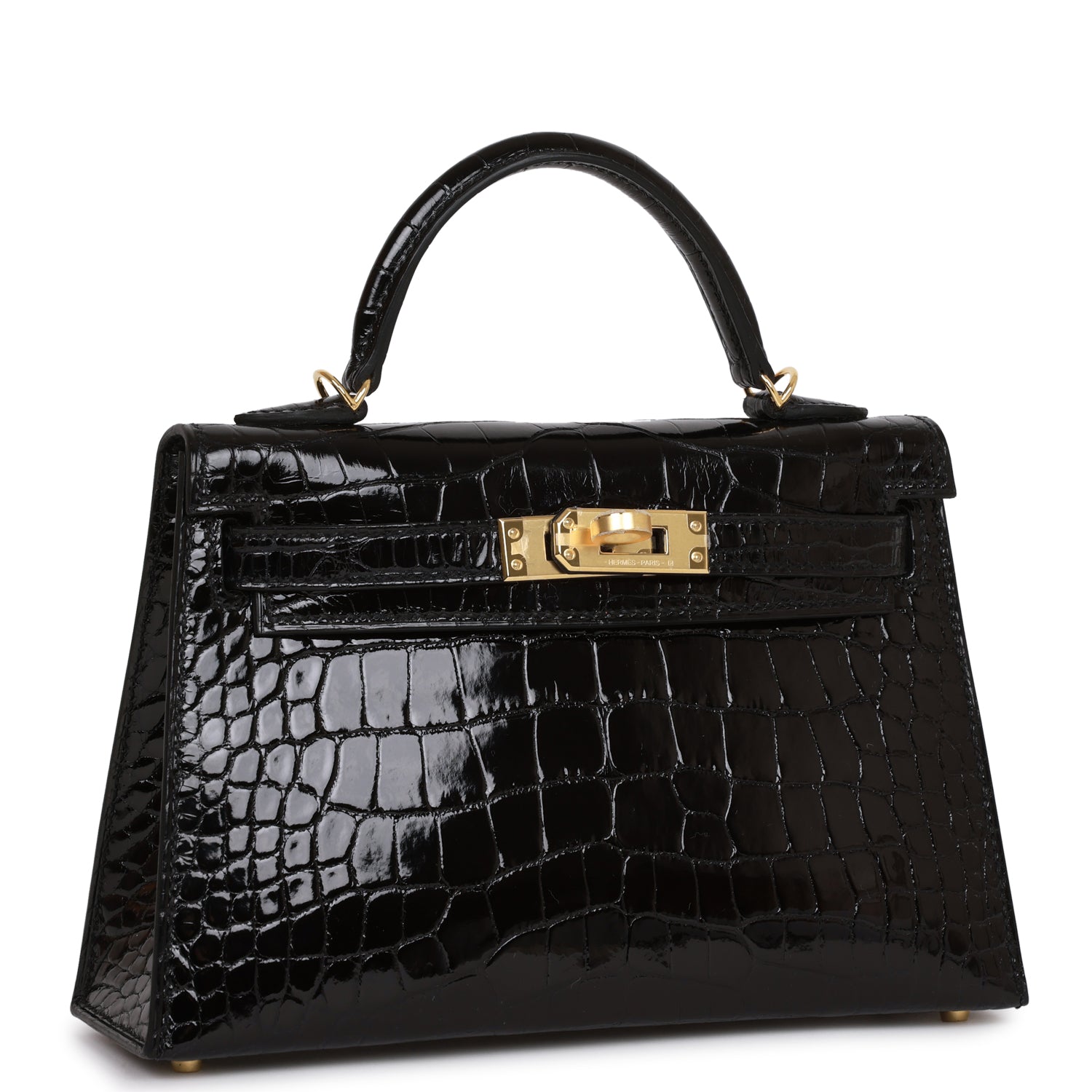 Hermes Kelly Sellier Shiny Alligator Hardware Handbag Black Gold Travel Bag 4