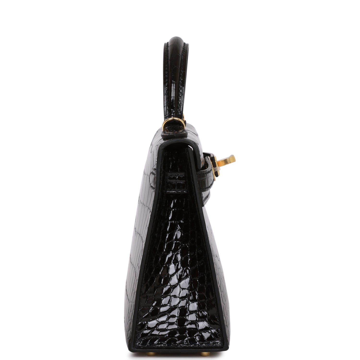 Hermes Kelly Sellier Shiny Alligator Hardware Handbag Black Gold Travel Bag 4
