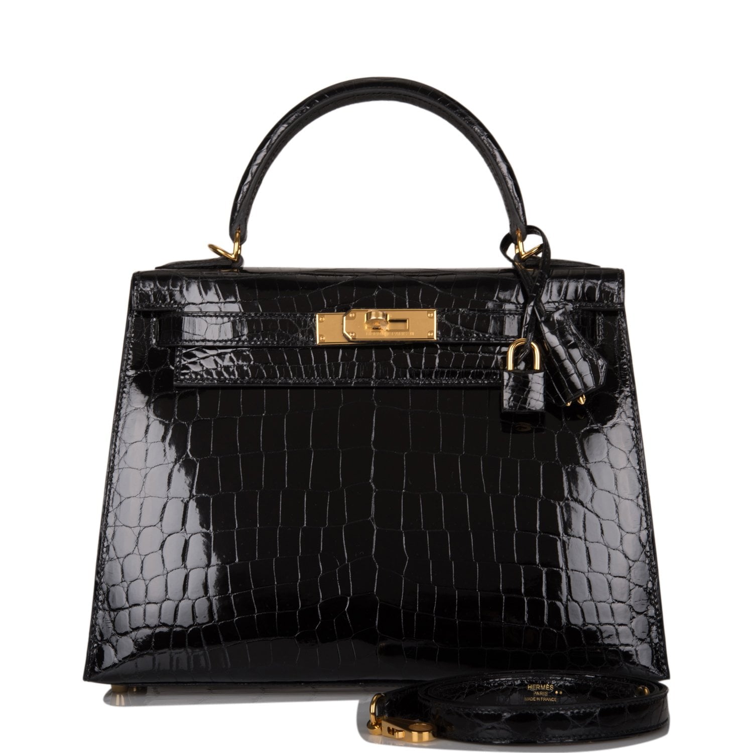 Hermes Kelly Sellier Shiny Niloticus Crocodile Hardware Handbag Black Gold Travel Bag 3