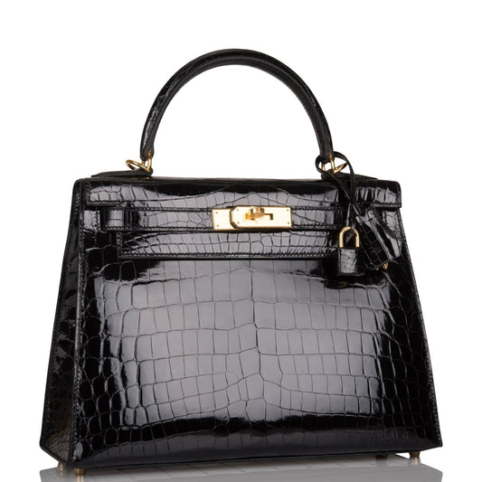 Hermes Kelly Sellier Shiny Niloticus Crocodile Hardware Handbag Black Gold Travel Bag 3