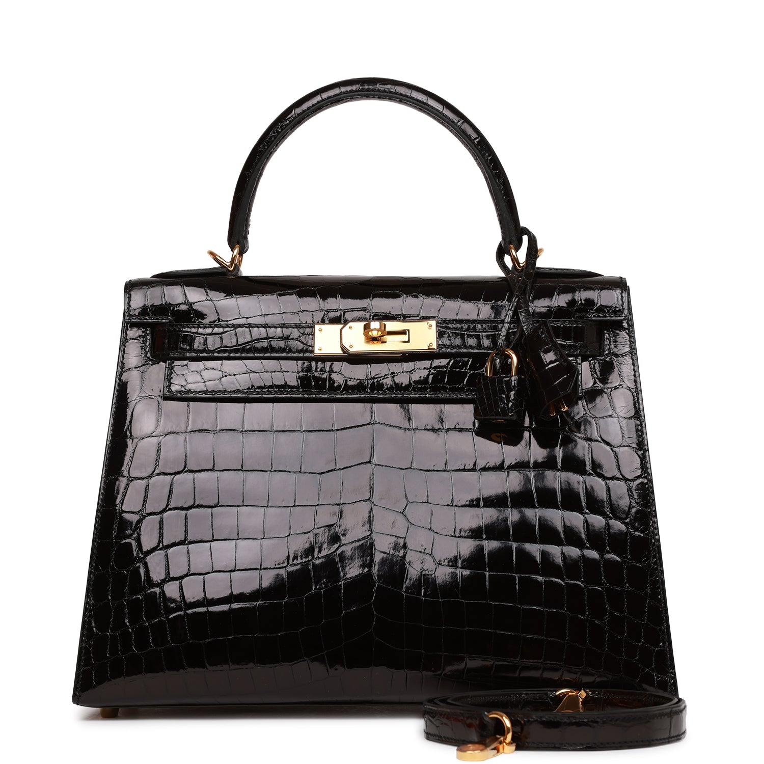 Hermes Kelly Sellier Shiny Niloticus Crocodile Hardware Handbag Black Gold Travel Bag Gold Hardware