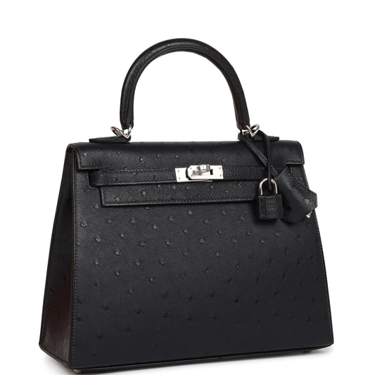 Hermes Kelly Sellier Caban Ostrich Palladium Hardware Handbag Travel Bag