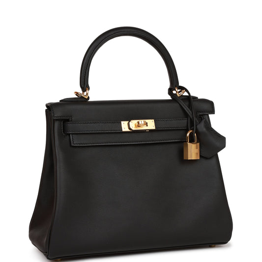 Hermes Kelly Retourne Swift Hardware Handbag Black Gold Travel Bag