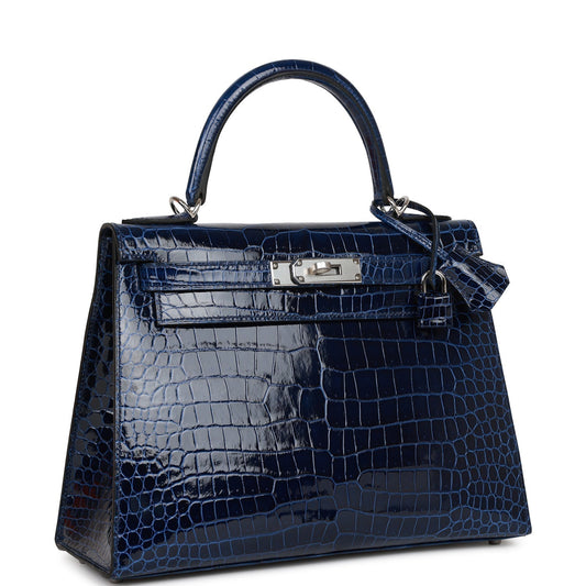 Hermes Kelly Sellier Bleu Saphir Shiny Porosus Crocodile Palladium Travel Bag