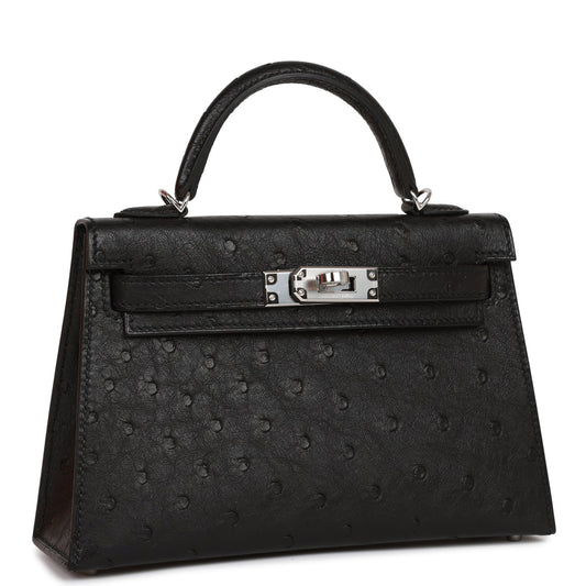 Hermes Kelly Sellier Ostrich Palladium Hardware Handbag Black Travel Bag