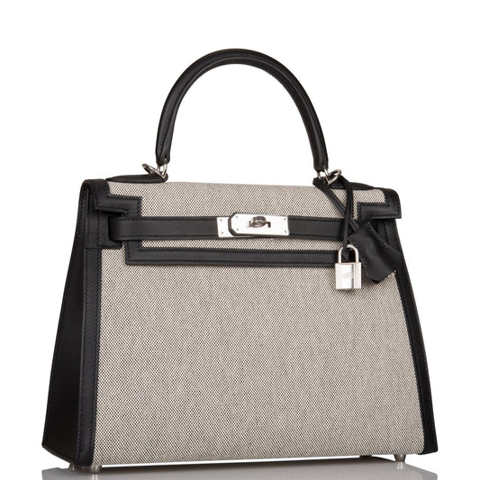 Hermes Kelly Sellier Toile And Swift Palladium Hardware Black Travel Bag