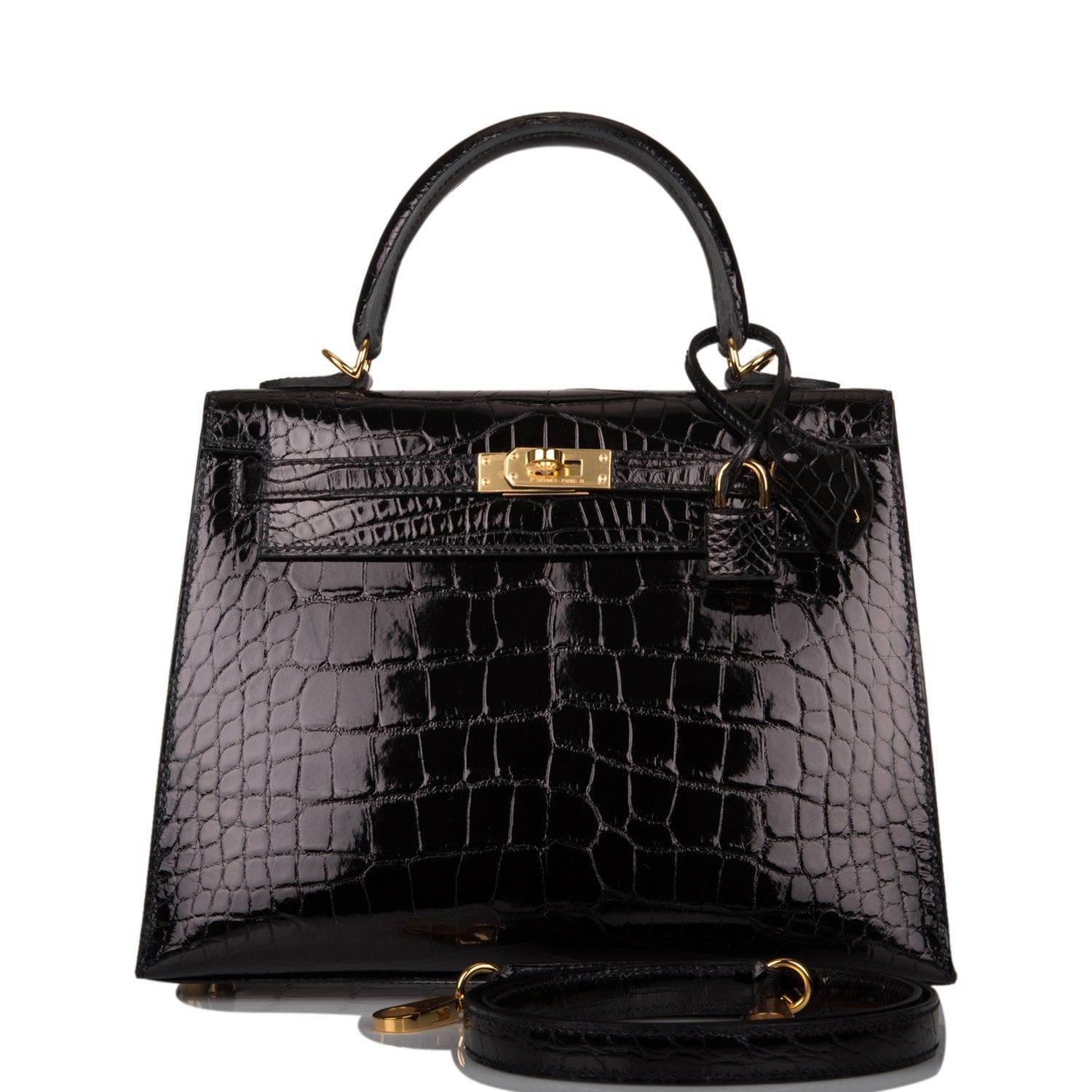 Hermes Kelly Sellier Shiny Alligator Hardware Handbag Black Gold Travel Bag