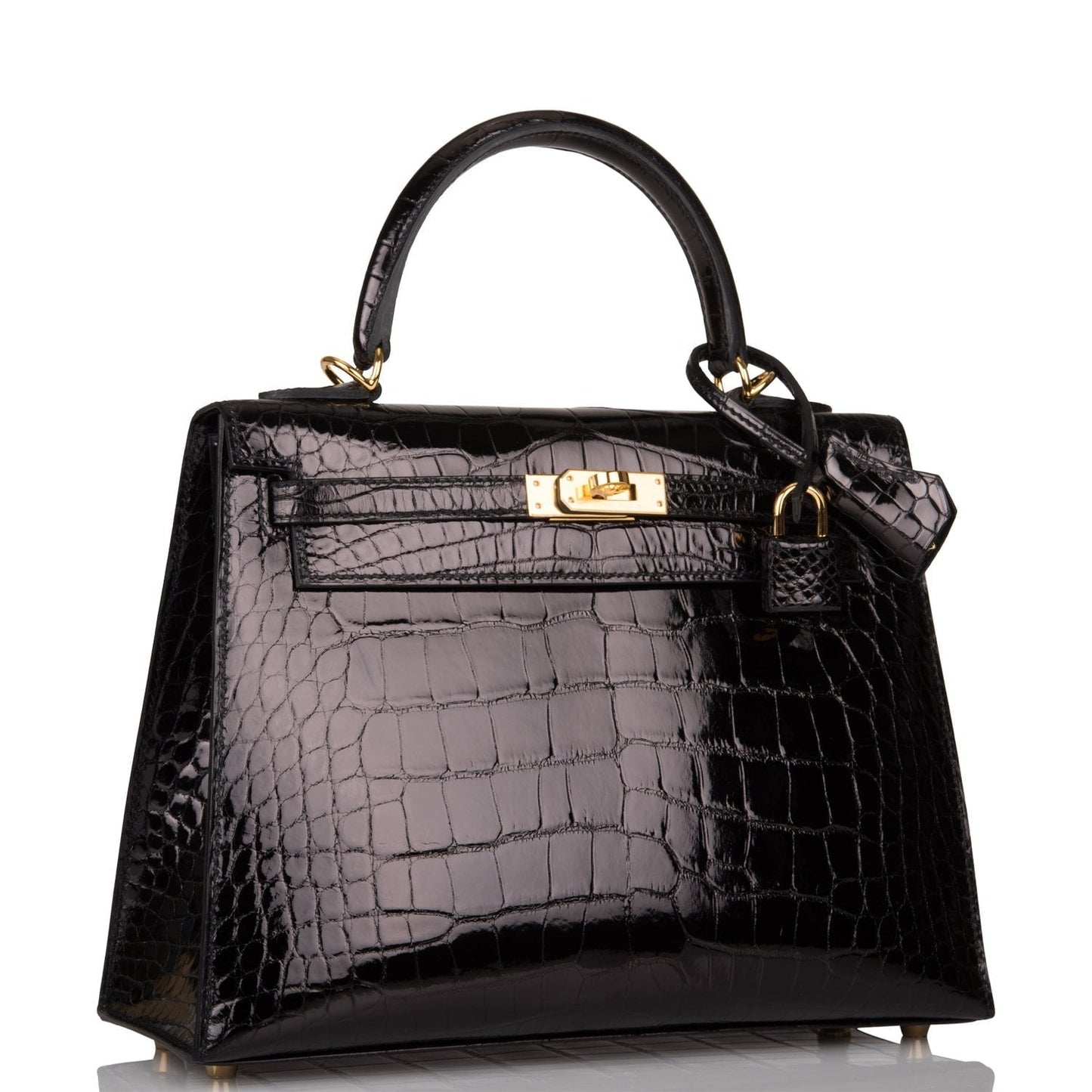 Hermes Kelly Sellier Shiny Alligator Hardware Handbag Black Gold Travel Bag
