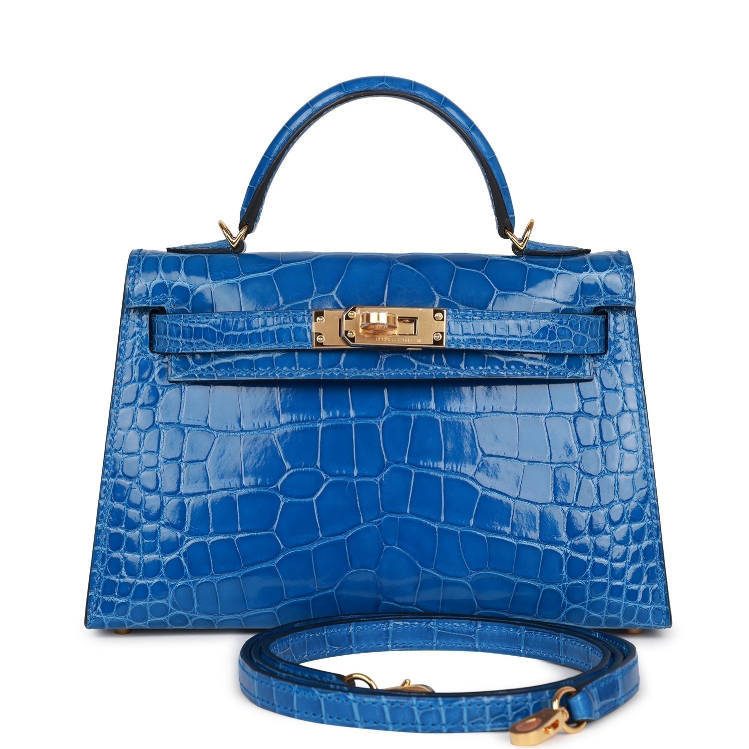 Hermes Kelly Sellier Bleu Zellige Shiny Alligator Hardware Handbag Gold Travel Bag