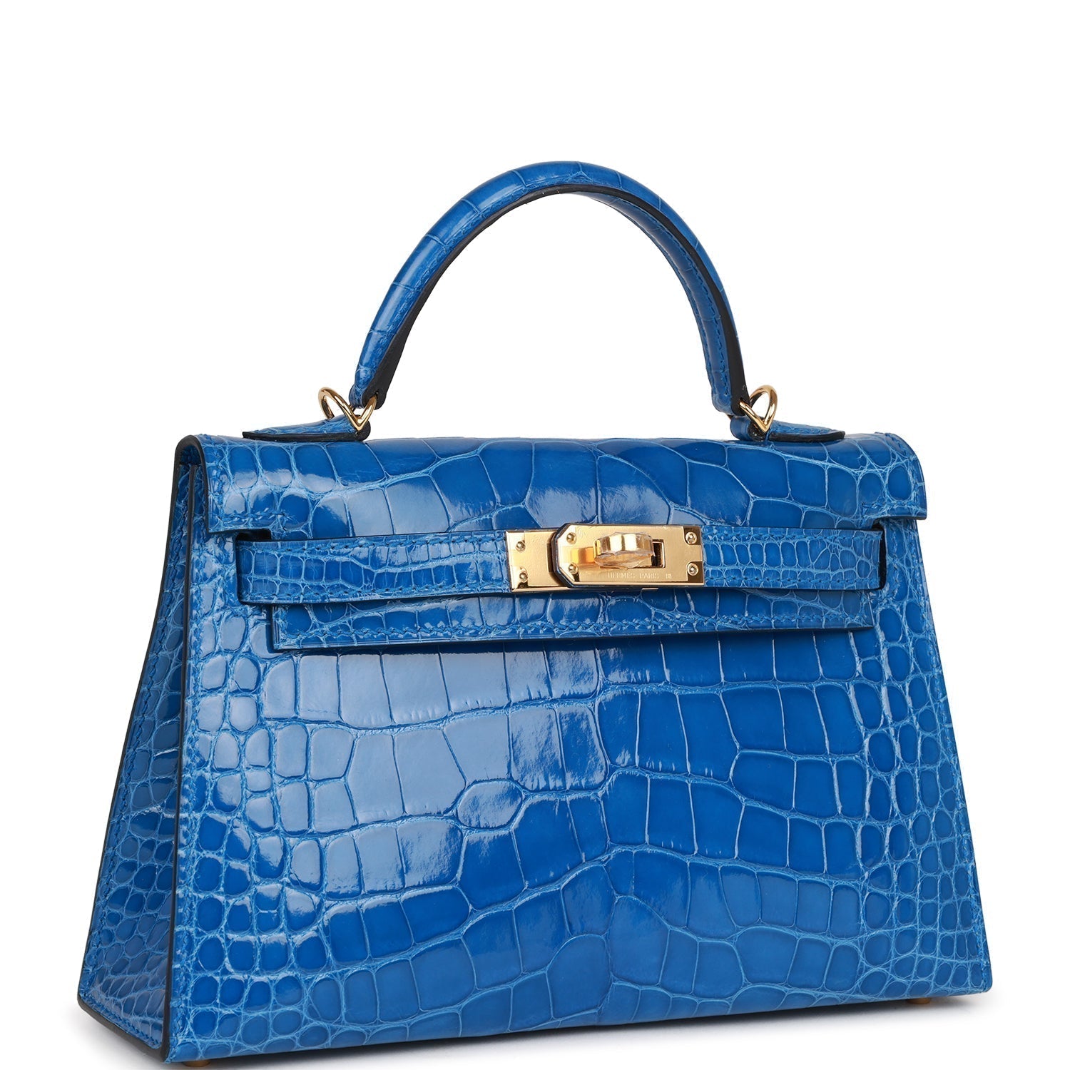 Hermes Kelly Sellier Bleu Zellige Shiny Alligator Hardware Handbag Gold Travel Bag