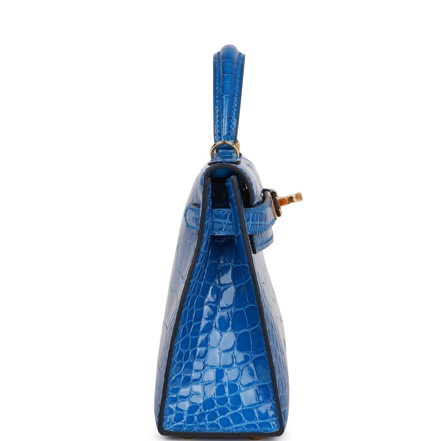 Hermes Kelly Sellier Bleu Zellige Shiny Alligator Hardware Handbag Gold Travel Bag