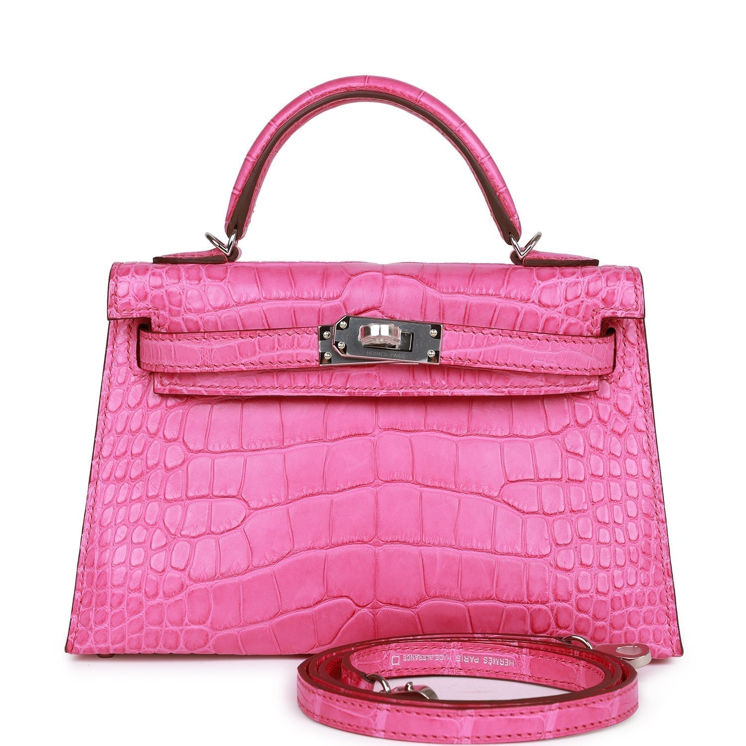Hermes Kelly Sellier Rose Shocking Matte Alligator Palladium Hardware Travel Bag