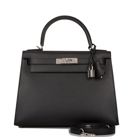 Hermes Kelly Sellier Epsom Palladium Hardware Handbag Black Travel Bag