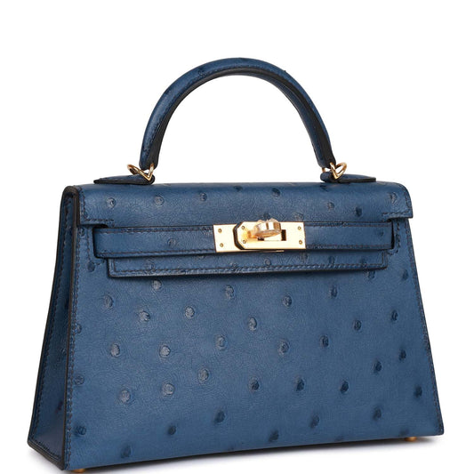 Hermes Kelly Sellier Bleu Iris Ostrich Hardware Handbag Gold Travel Bag